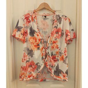 Women's Salon Studio Floral Orange/Gray Tie Front Lightweight Cardigan Sz Medium